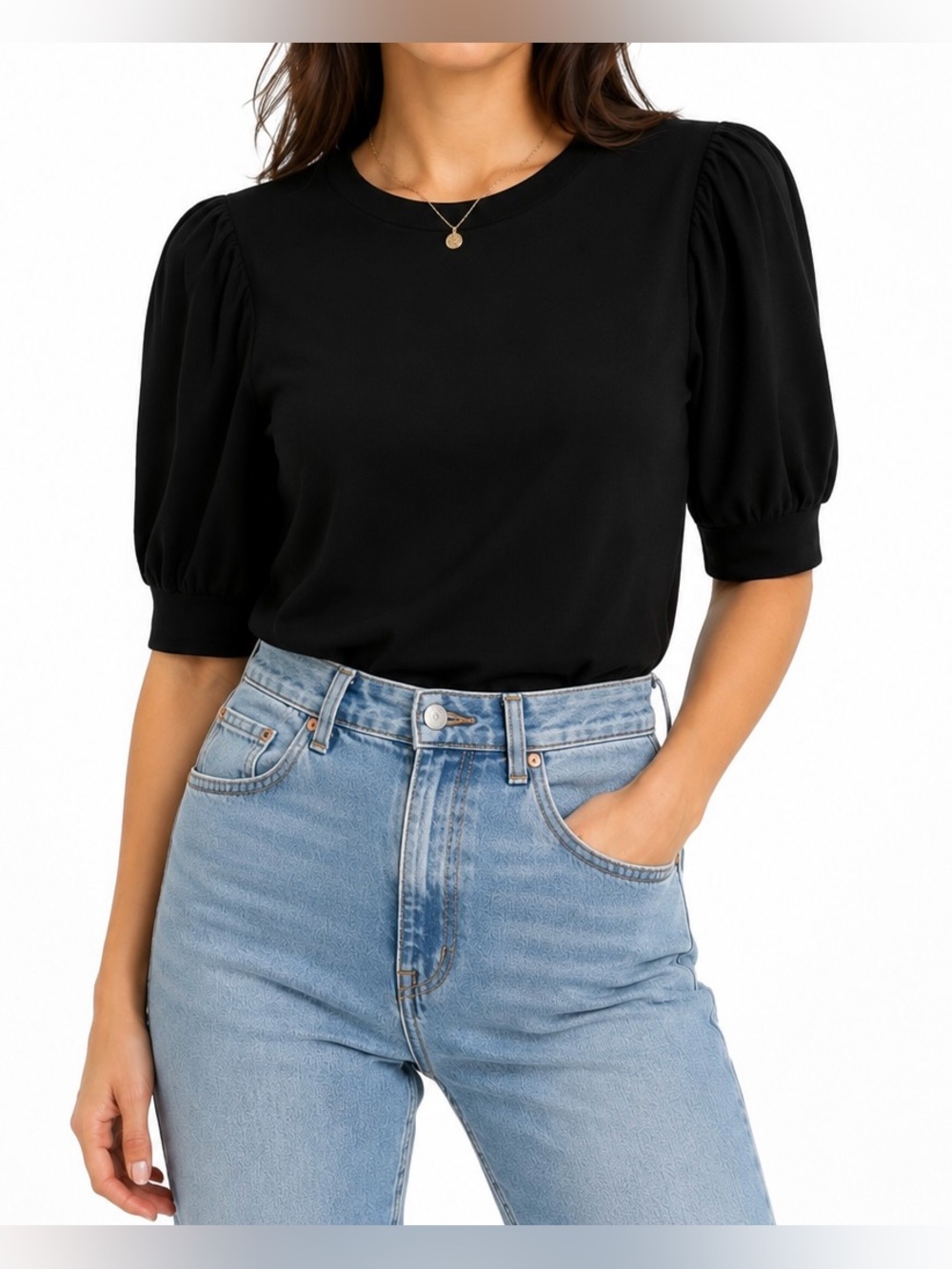 Nation LTD Black Puff Short Sleeve Pima Cotton Crewneck Top - Size XS